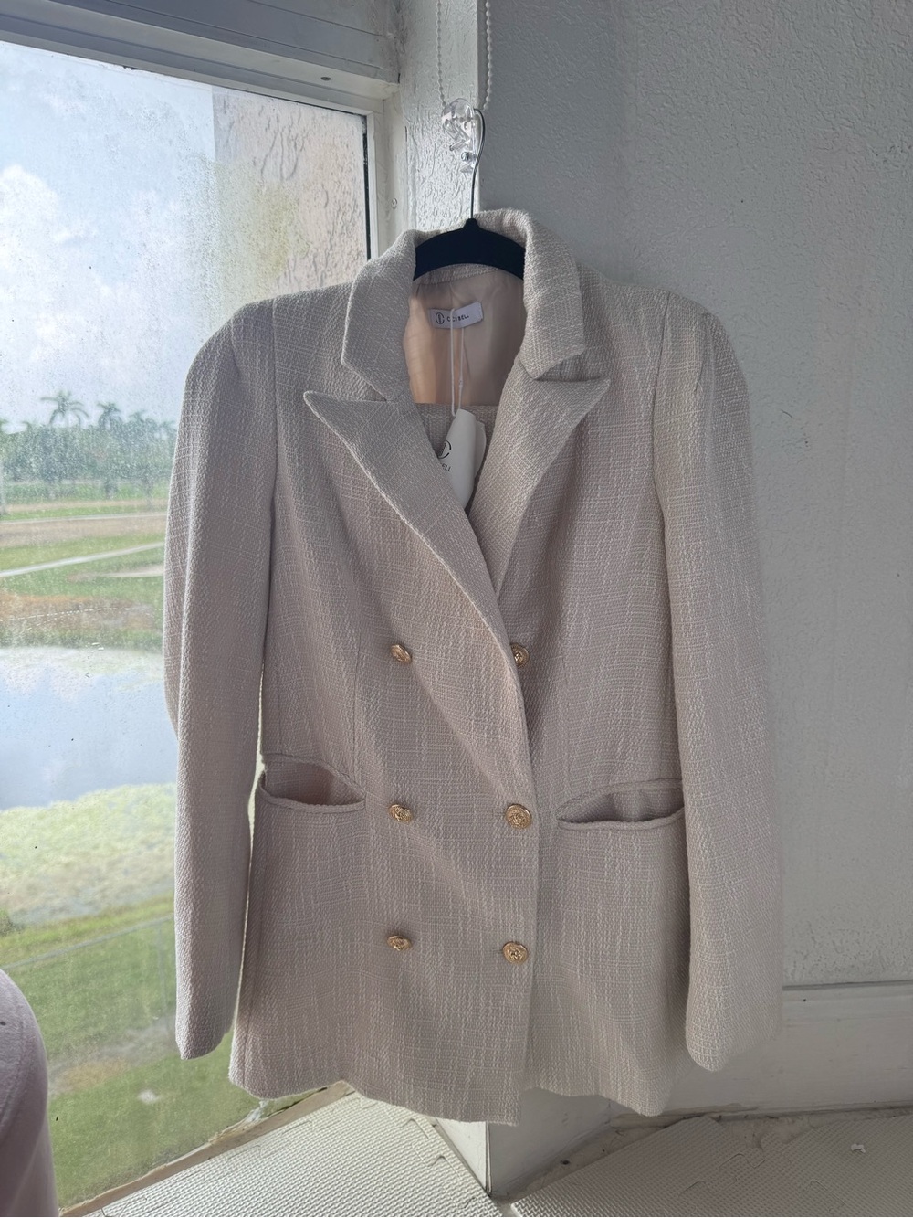 Women's Cream Double-Breasted Textured Blazer with Gold Buttons